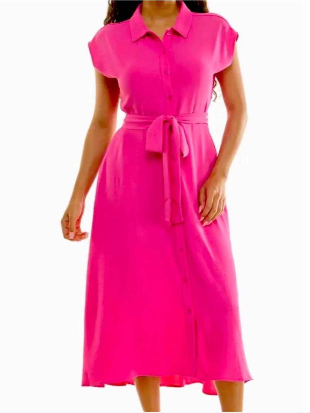 ✨ Nina Leonard Tie-Waist Midi Shirtdress in Fuchsia/Hot Pink ✨
